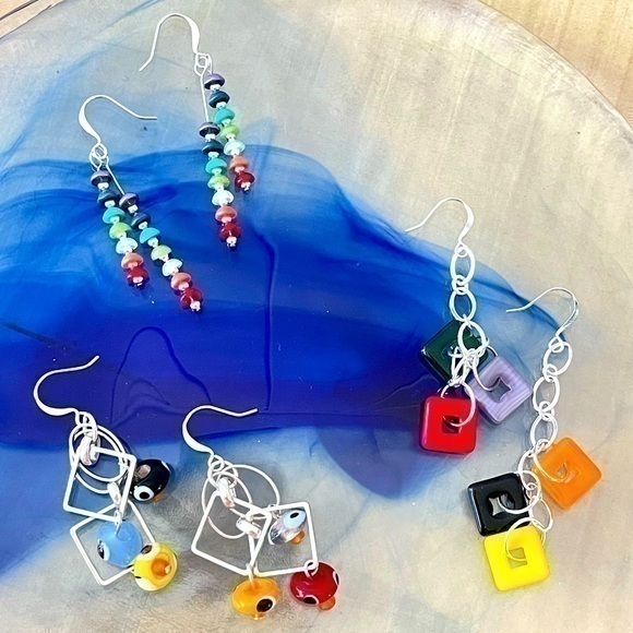 $49 SALE Bundle of 3 Pairs Handmade Earrings 2.25” Colorful Y2K 90s 80s Daily - Picture 1 of 5